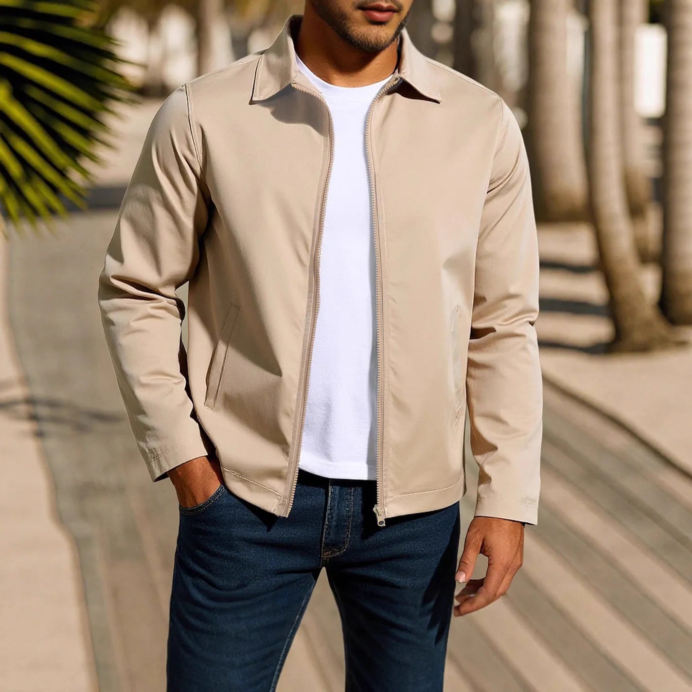 Men's zip-up cardigan jacket with raglan sleeves in polyester blend fabric
