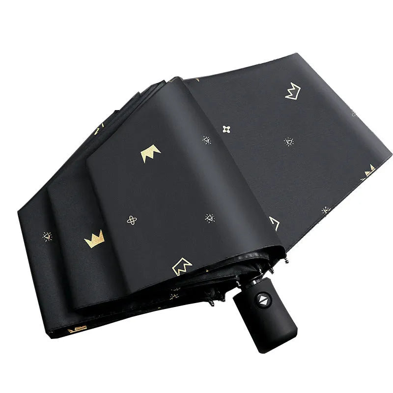 Dual-use automatic eight-bone bronzing feather folding umbrella with black rubber handle and NC fabric canopy