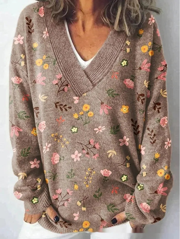 Women's V-neck long sleeve sweatshirt with a detailed 3D floral print in a retro art style.