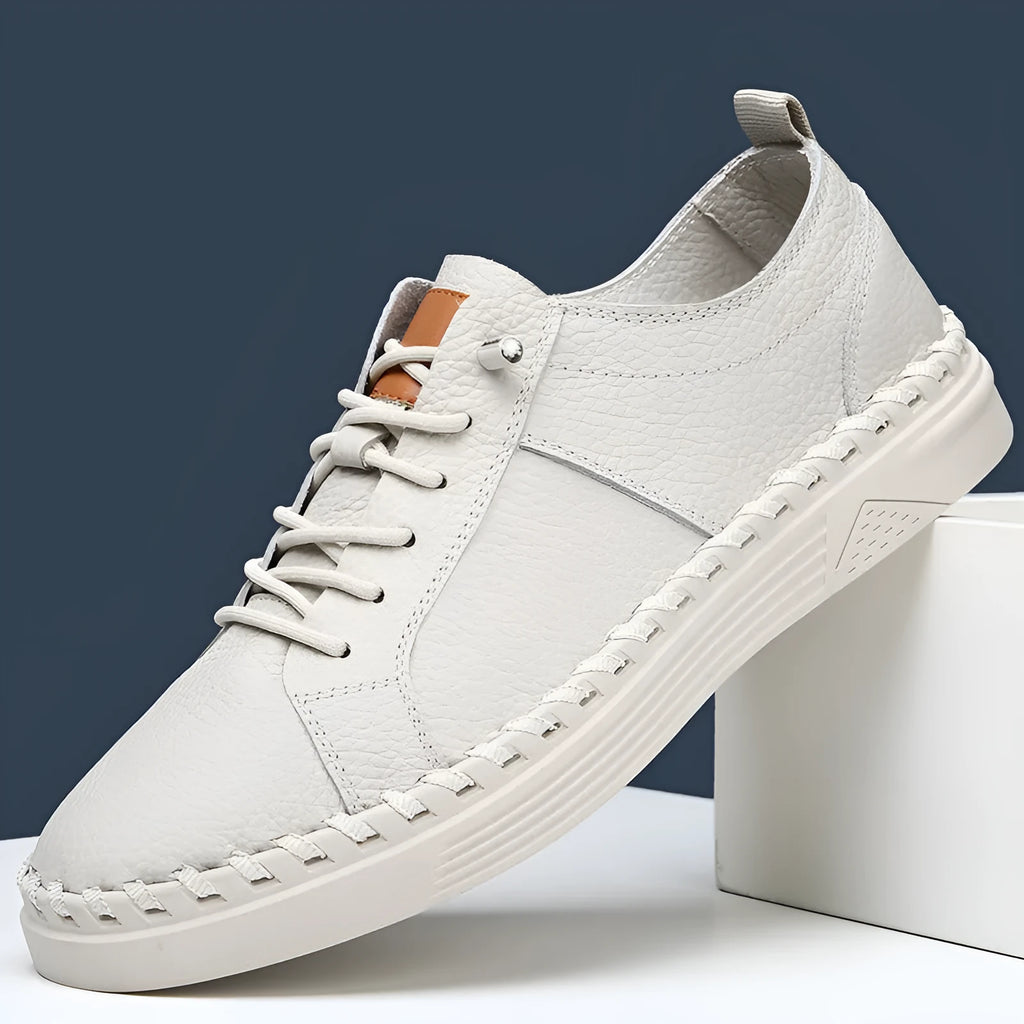 Men's beige and black casual sneakers made from first layer cowhide with mesh lining