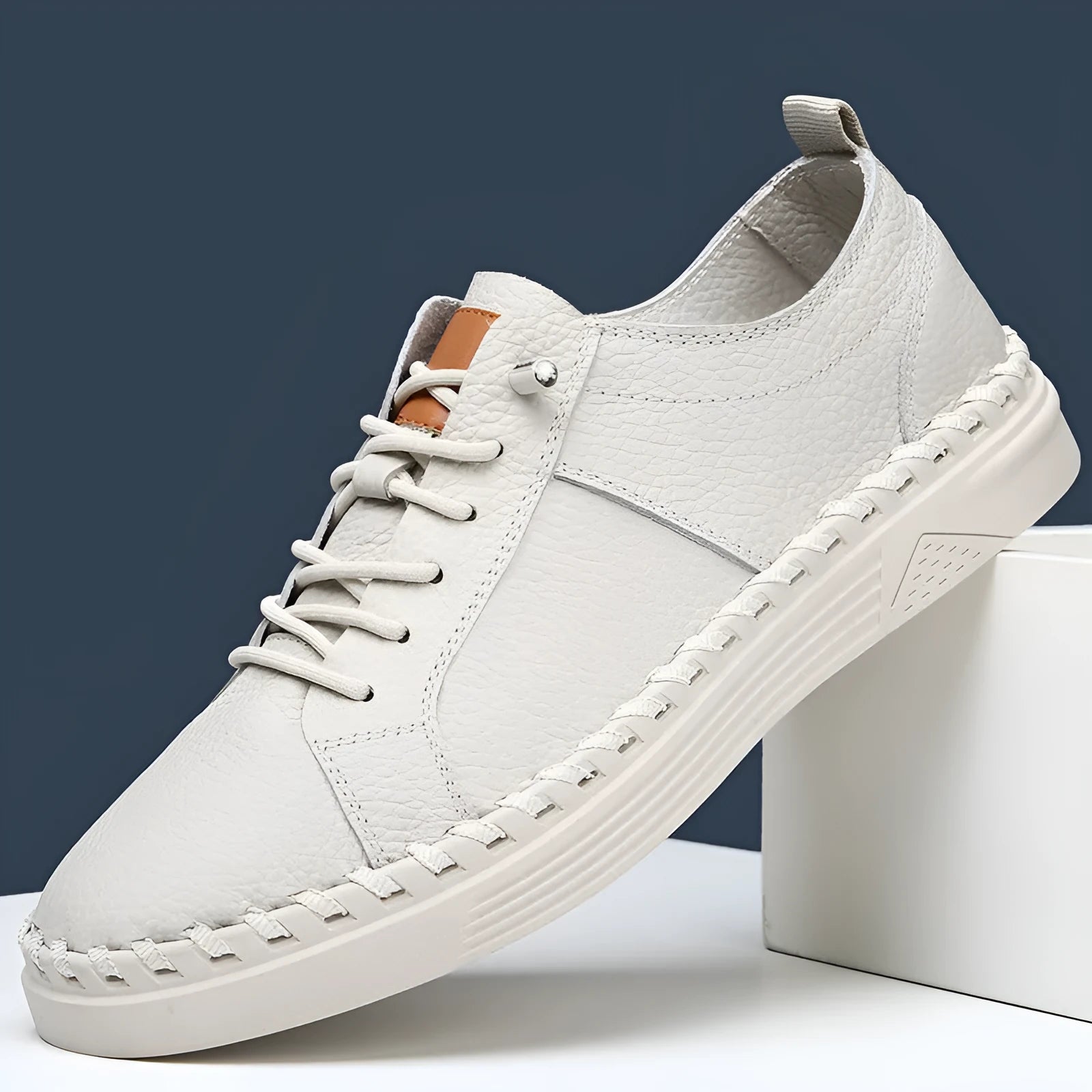 Men's beige and black casual sneakers made from first layer cowhide with mesh lining