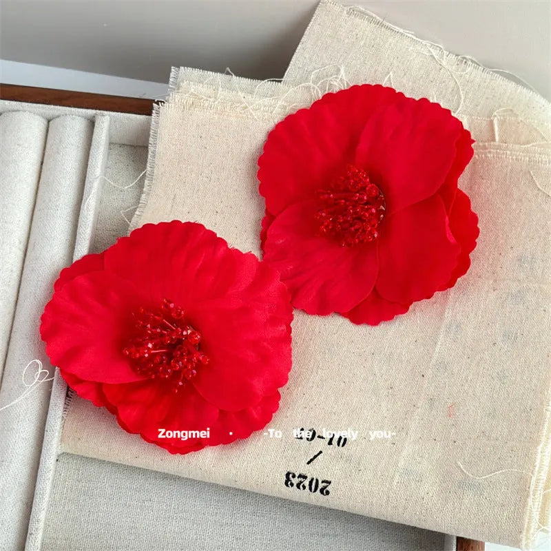 Handmade European American exaggerated red flower earrings with steel needle posts
