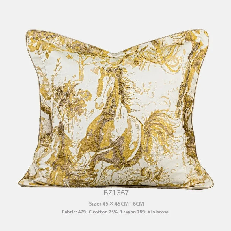 Golden horse abstract pattern Jacquard woven polyester cushion in lumbar and square sizes.