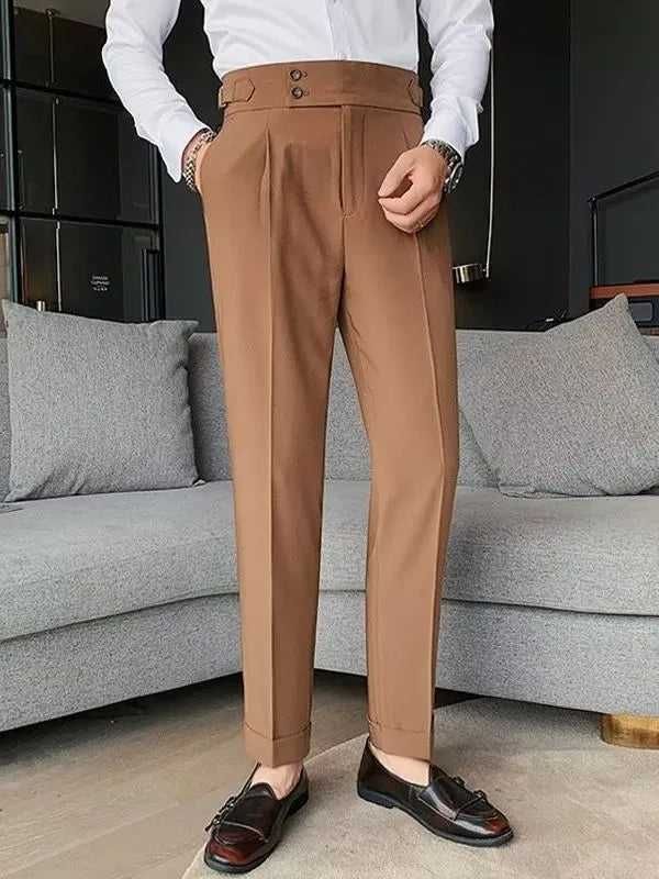 Retro high waist straight-leg trousers in cotton blend fabric showing black, brown, gray, and white colour options