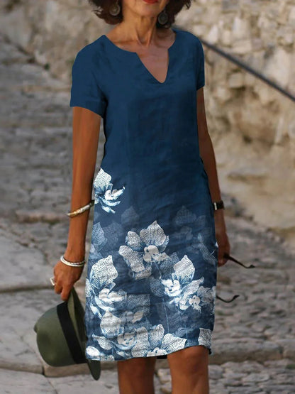 Floral Midi Dress with V-Neck and Short Sleeves, Made from Premium Cotton and Linen Blend