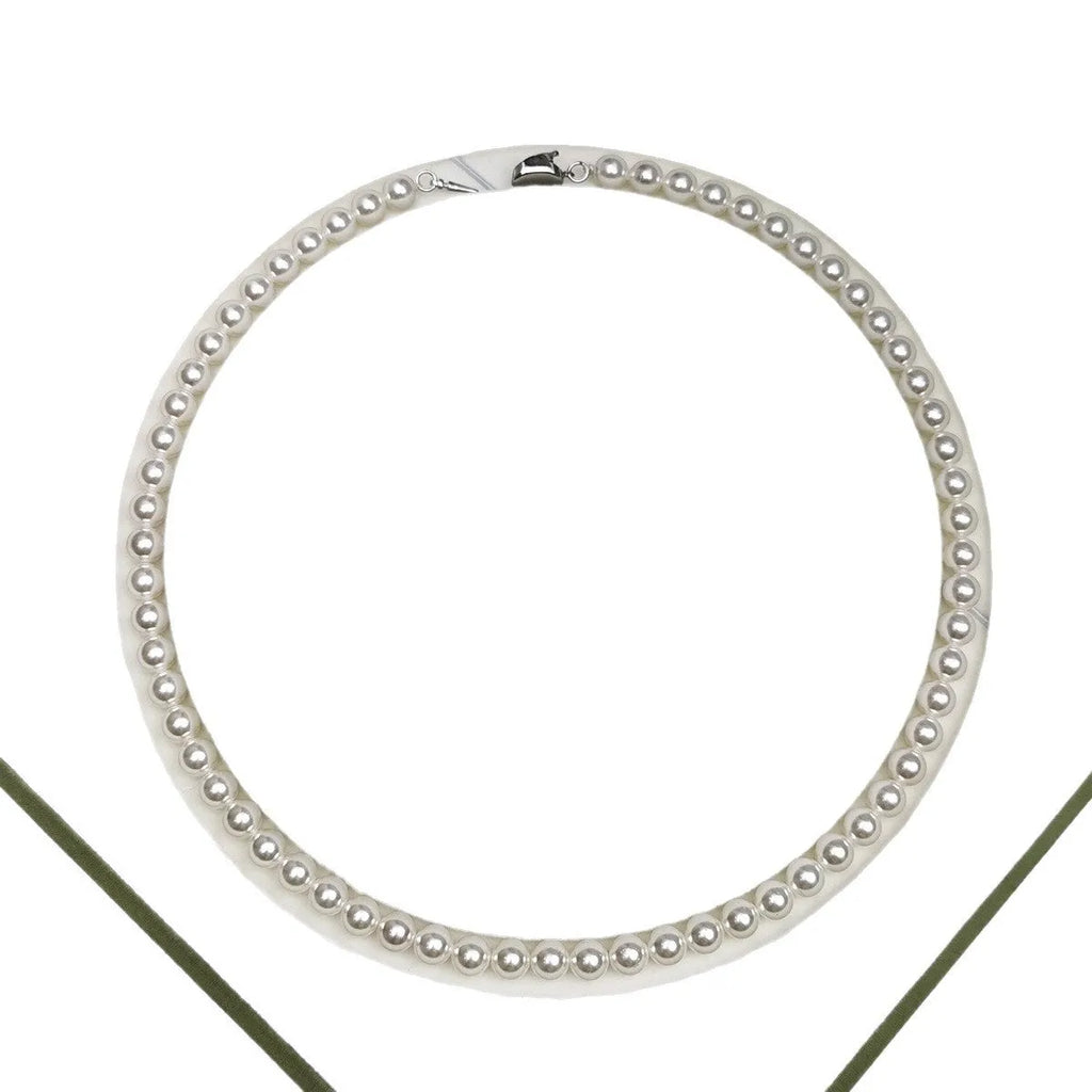 925 silver ingot buckle necklace with white shell pearls on unisex clavicle chain, 45cm length.