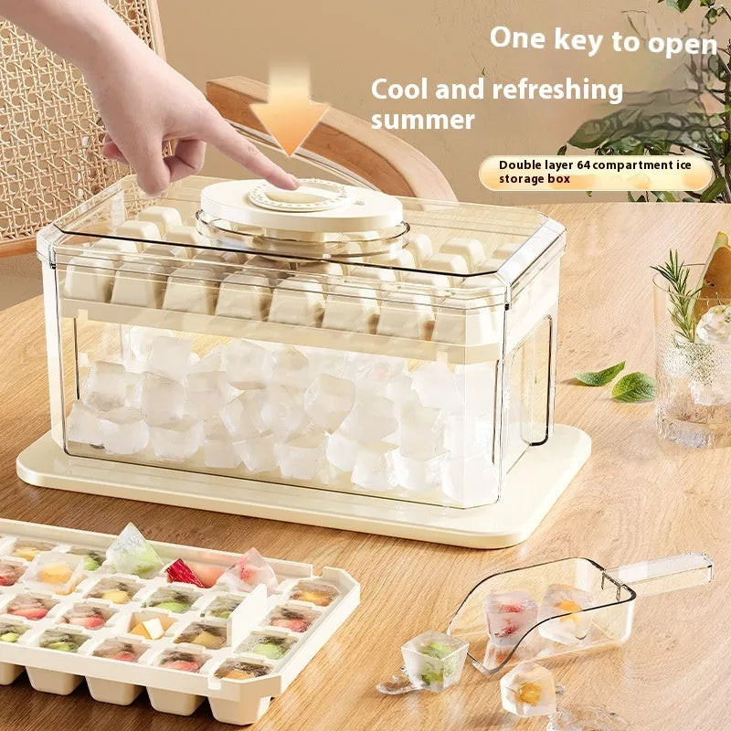 PP plastic ice cube tray with pressing lid, white single layer 32 grid, stackable quick demould design