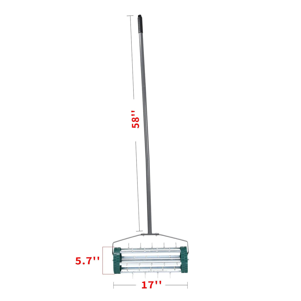 Manual lawn aerator tool with A3 steel construction resting on grass, dimensions 45x24x22cm