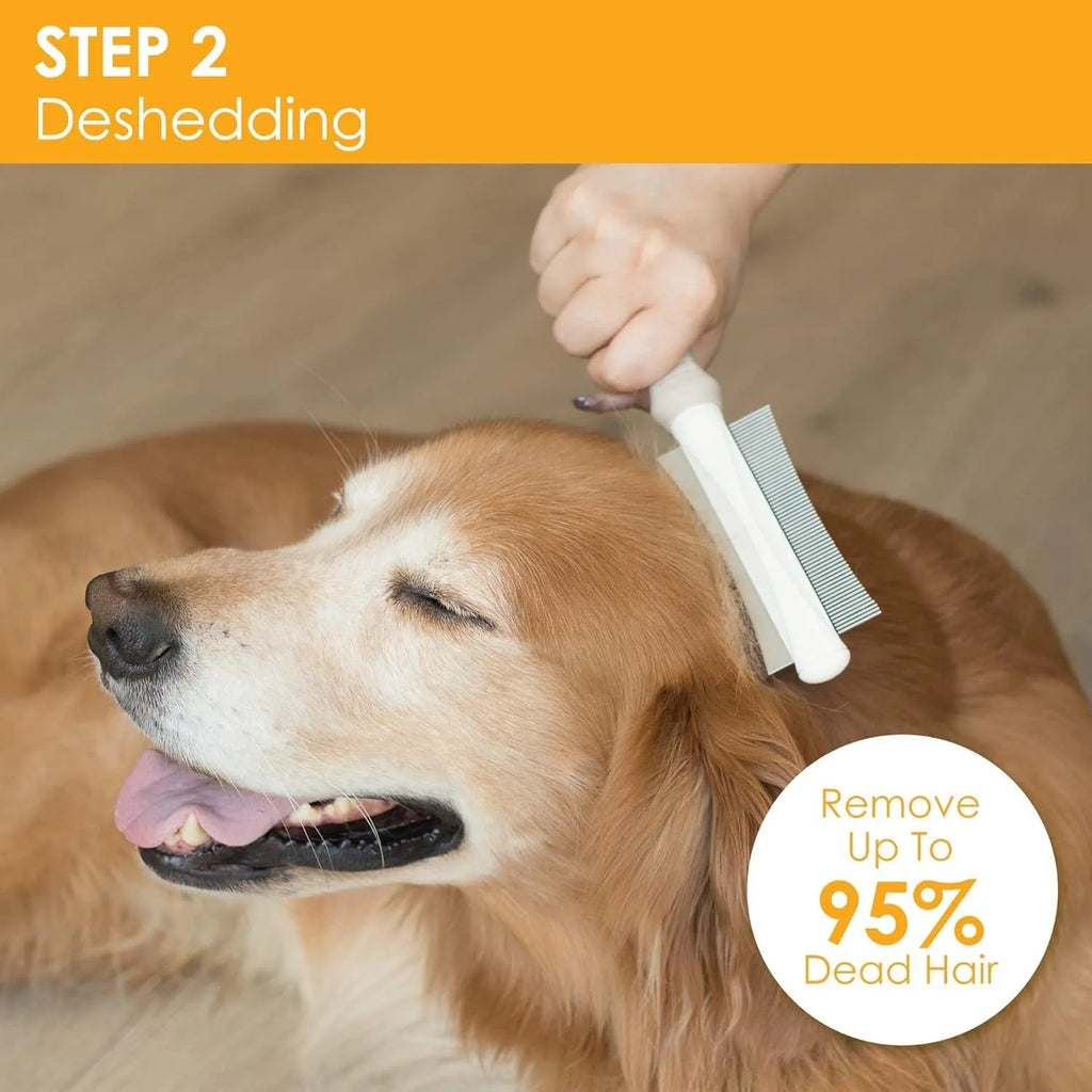 White double-sided pet grooming brush with curved comb and deshedding head on a 230mm handle.