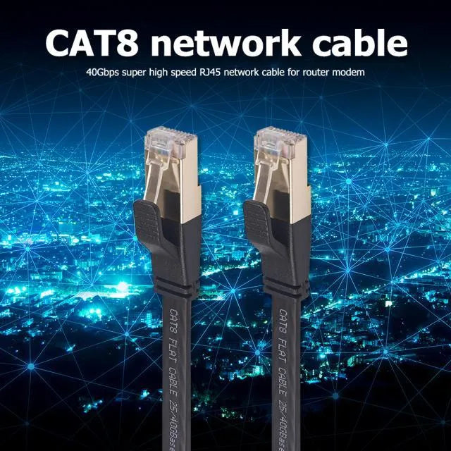 Cat8 40Gbps SFTP Ethernet cable with gold-plated RJ45 connectors on white background