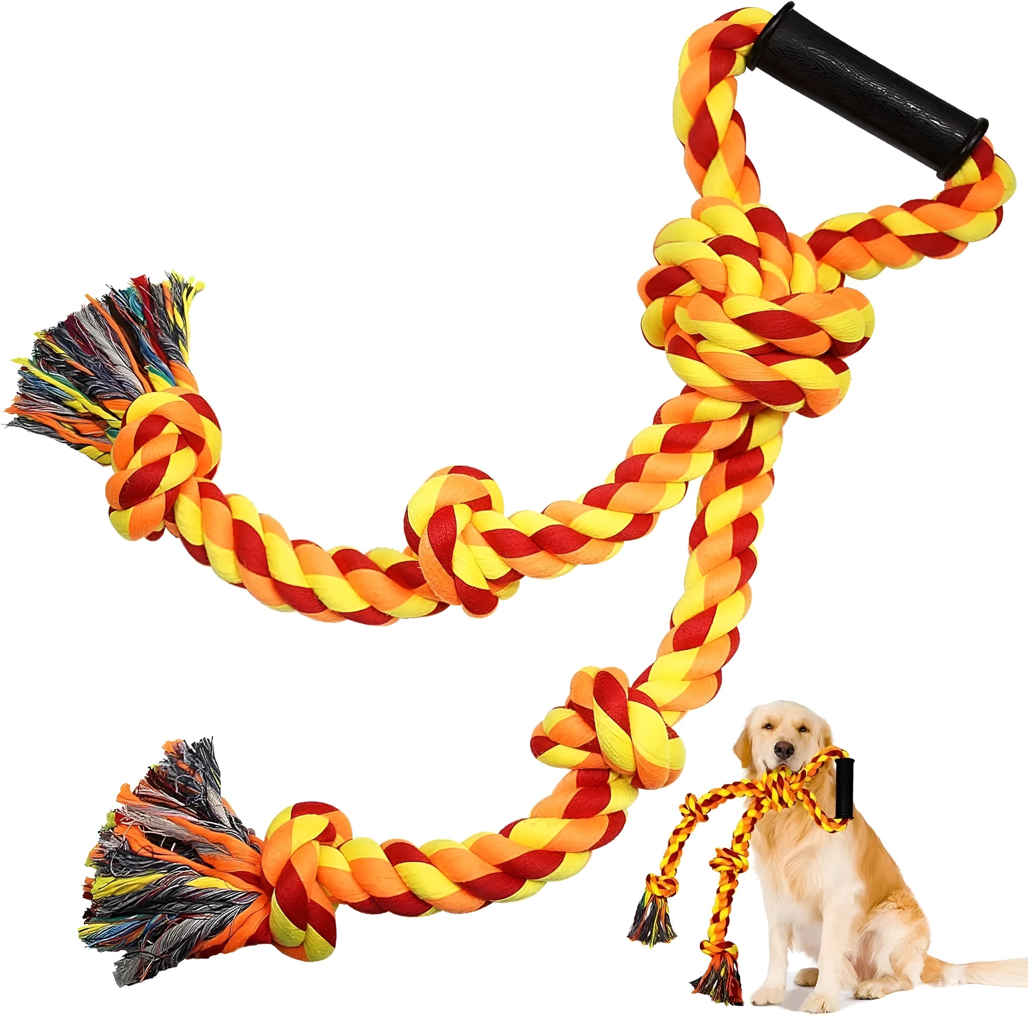 Blue and yellow heavy-duty cotton dog rope toy with a sturdy handle for tug-of-war with large breeds.