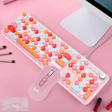 Macaron wired mechanical keyboard with green axis and matching optical mouse in a colour option