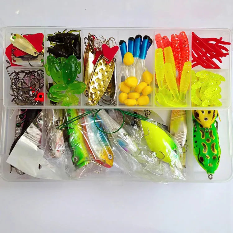 142-piece fishing lure set showing metal hard minnows, plastic sequin baits, and fishing pliers