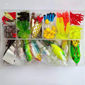 142-piece fishing lure set showing metal hard minnows, plastic sequin baits, and fishing pliers