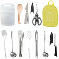 Brown portable storage bag containing a 12-piece stainless steel picnic kitchenware set.