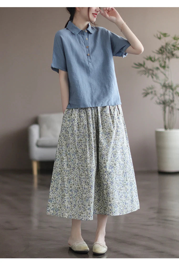 Floral printed cotton skirt in little yellow and blue flowers, urban leisure style