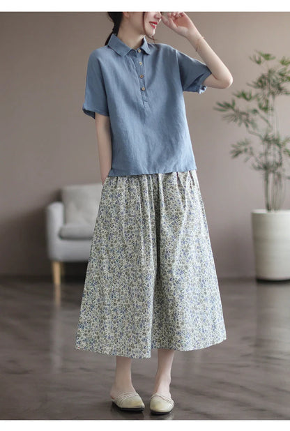 Floral printed cotton skirt in little yellow and blue flowers, urban leisure style