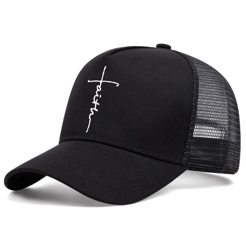 Cross English embroidery breathable cotton baseball cap in black, adjustable 55-61cm, with sunshade brim