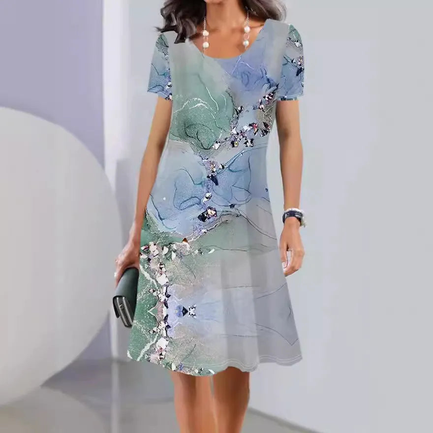 Women's floral print midi dress in ice silk fabric on a hanger, showing A-line shape and short sleeves.