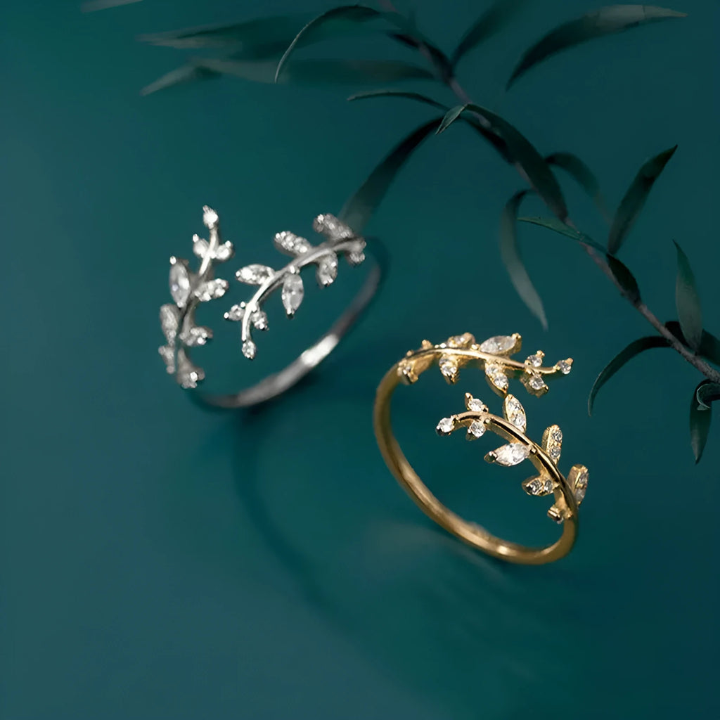 Copper leaf-shaped branch ring for women in gold and silver finishes