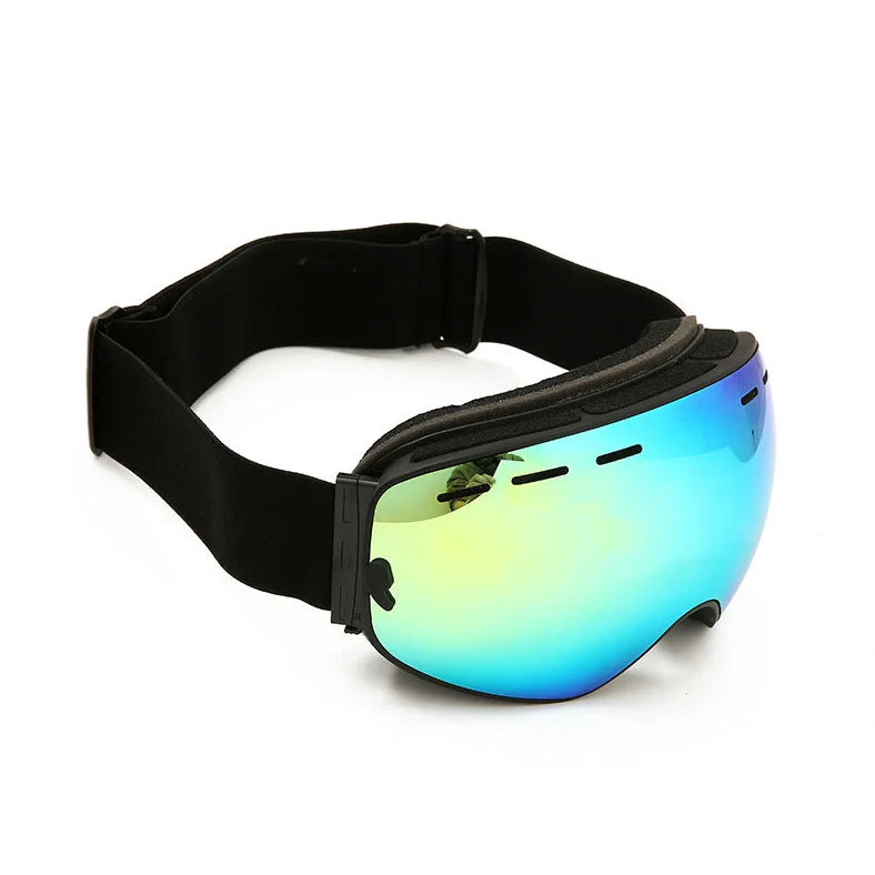 Double-layer TPU ski goggles with coated spherical mirror showing red film option and adjustable strap
