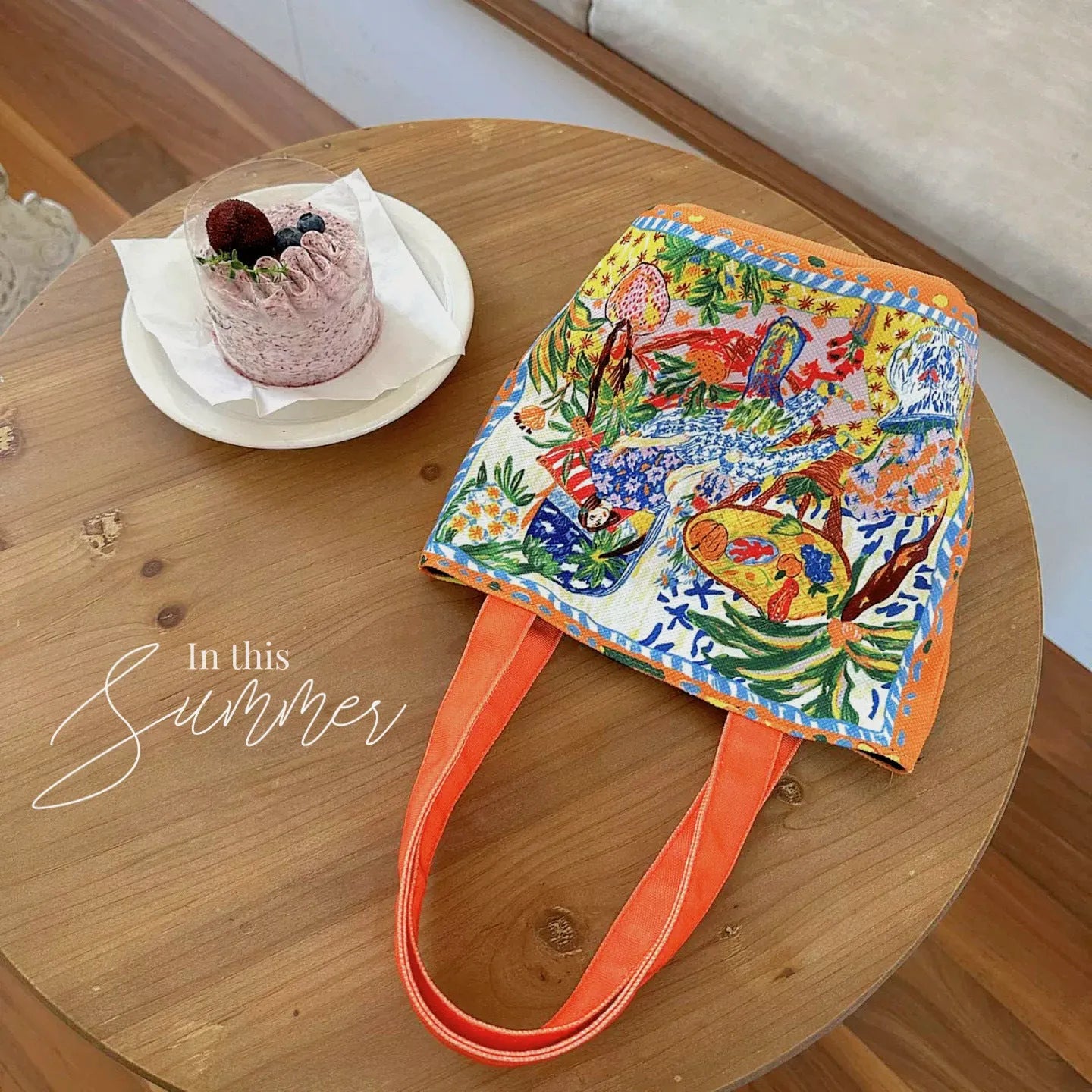 Dream garden orange plush bucket handbag with canvas lining and internal zipper compartment