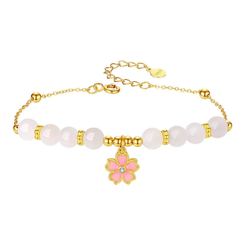 Pink 925 silver cherry blossom pendant bracelet with gradient epoxy finish and Hetian jade beads