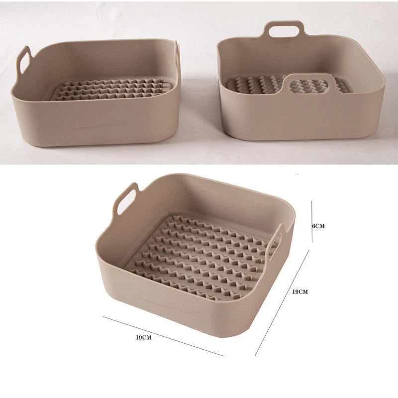 Reusable silicone air fryer liner in various colours, heat resistant up to 450°F