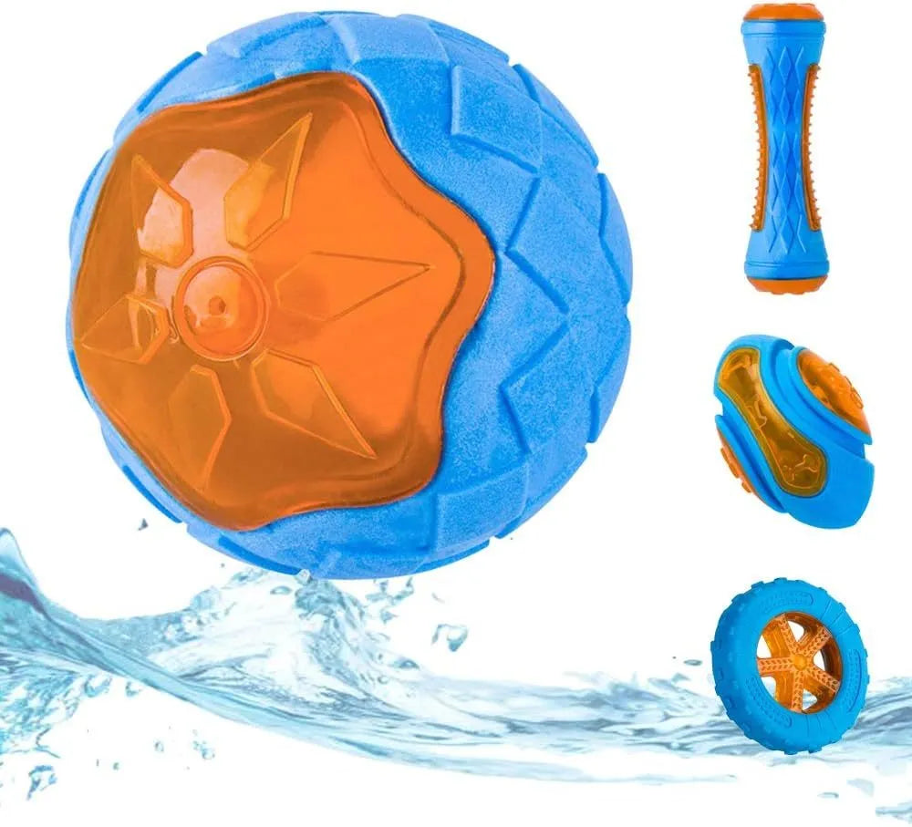 Three TPR floating squeaky dog toys: a red ball, a blue barbell, and an orange tyre.
