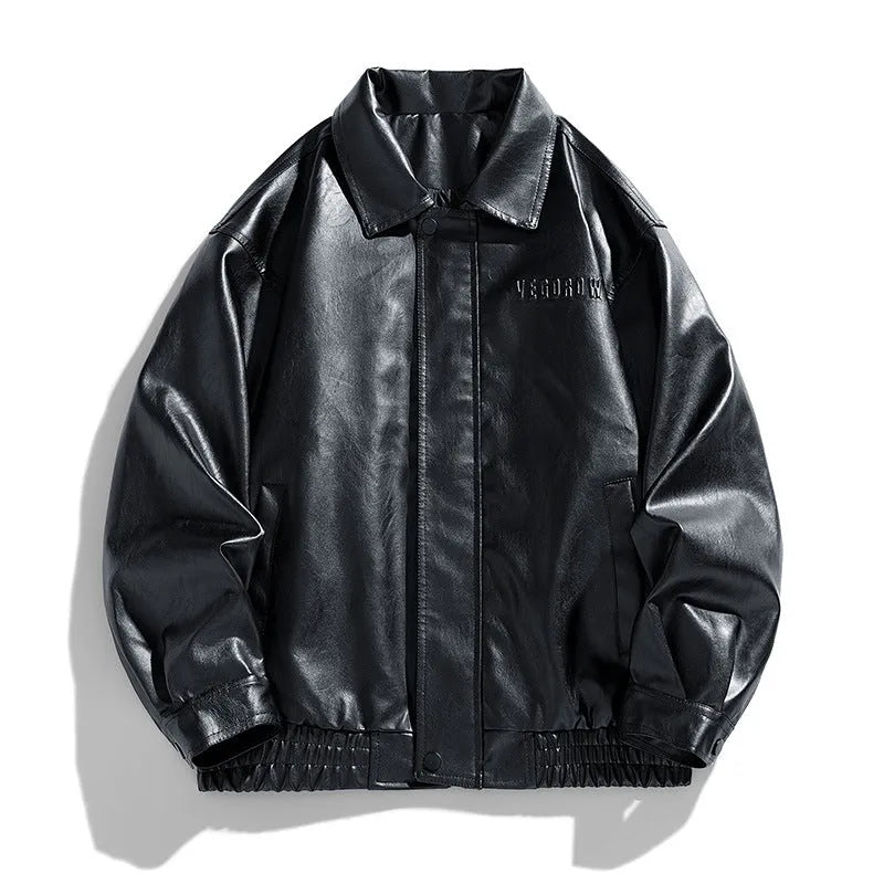 Men's slim fit corduroy PU leather jacket in army green, retro motorcycle style, front view