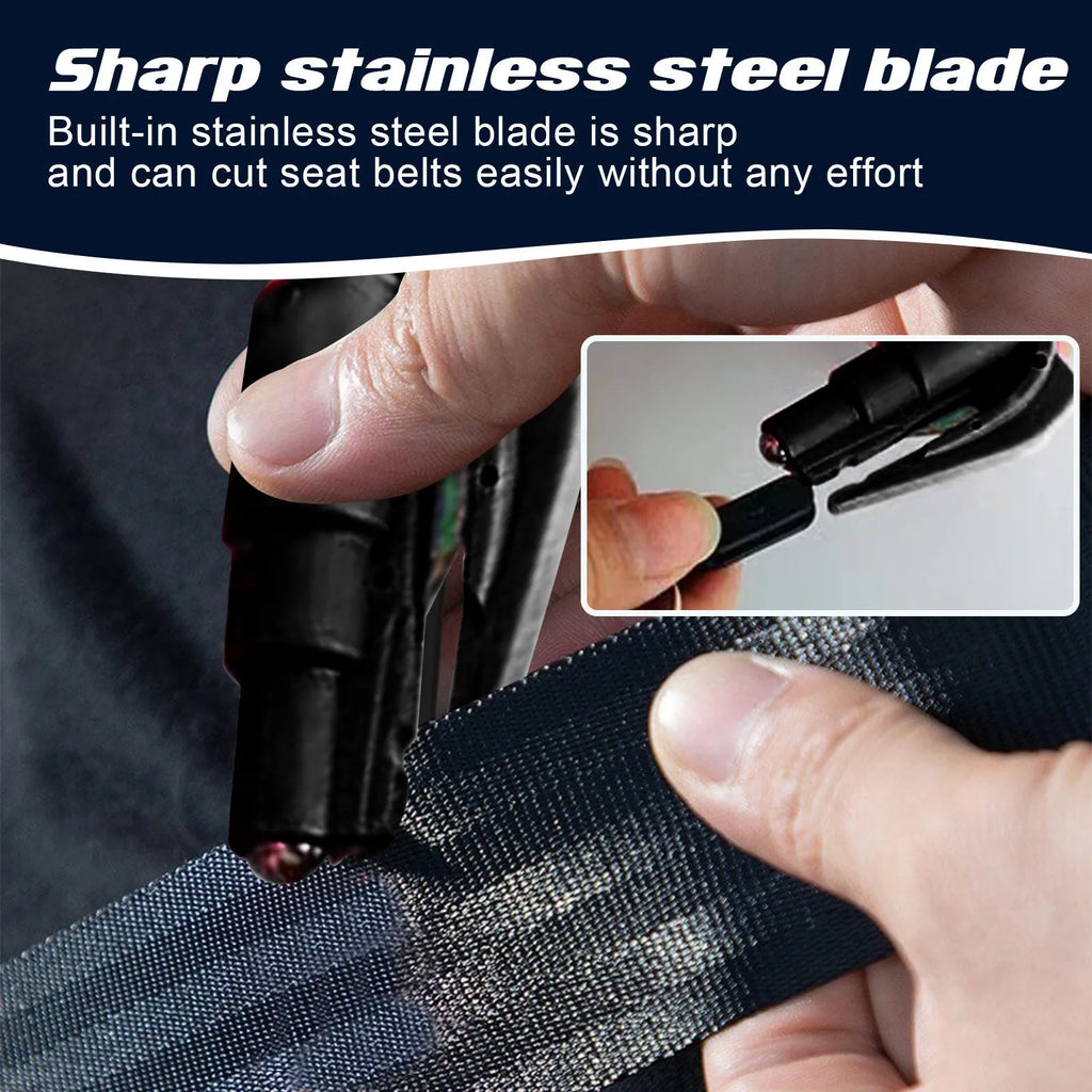 Compact orange and black car emergency glass hammer with seatbelt cutter, showing size compared to a hand.