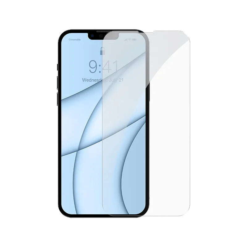 Transparent tempered glass screen protector for iPhone 13 5.4 inch model with cleaning bag and fitting artefact