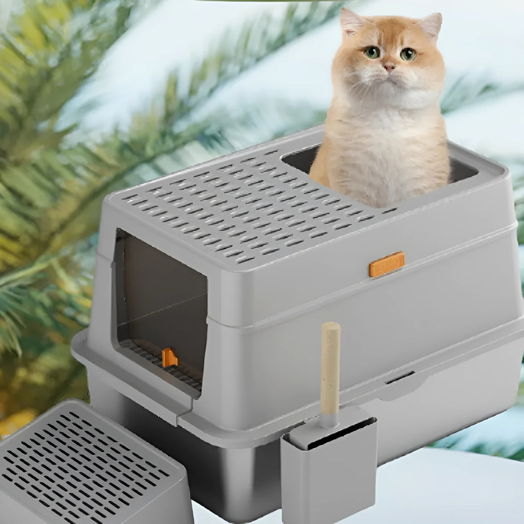 Grey enclosed hooded cat litter tray with foot pedal, showing stainless steel interior
