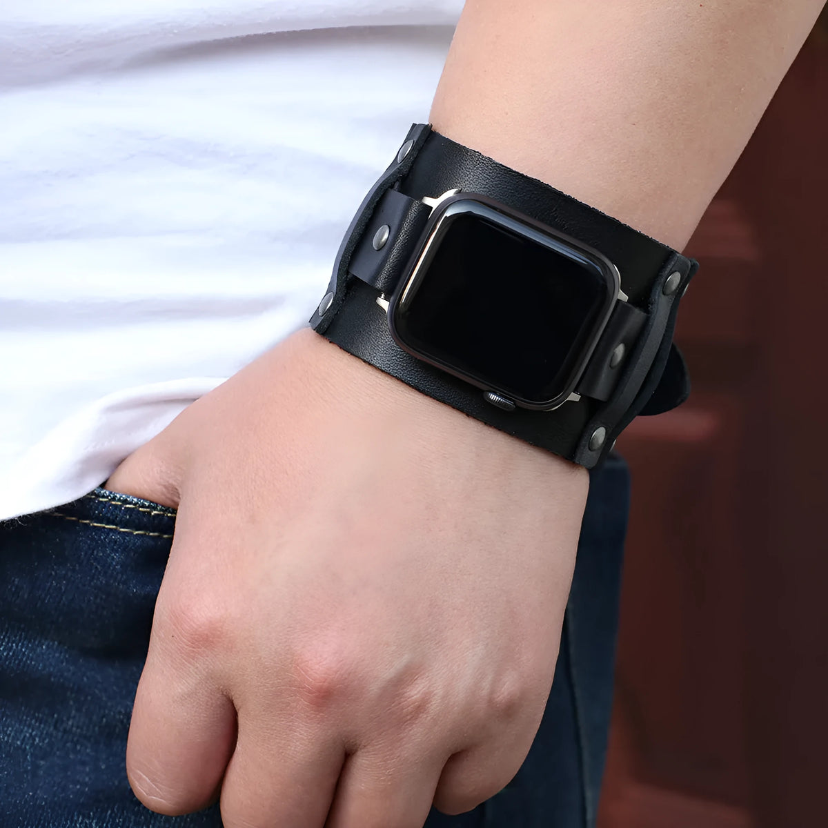 Genuine cowhide watch strap punk style black leather band for 38/40mm watches