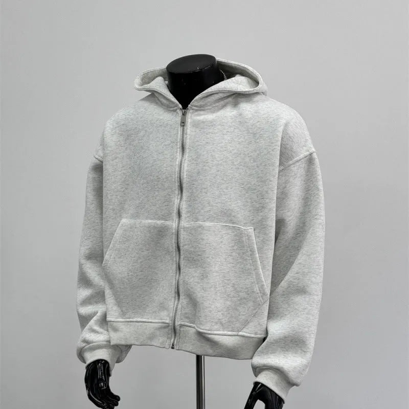 Men's grey hooded jacket with schoolbag-style back design showing front and back views