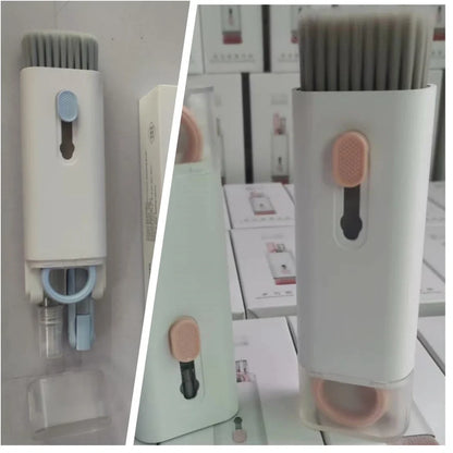 Pink and blue computer cleaning pen set with brush, keycap tool, and empty spray bottle