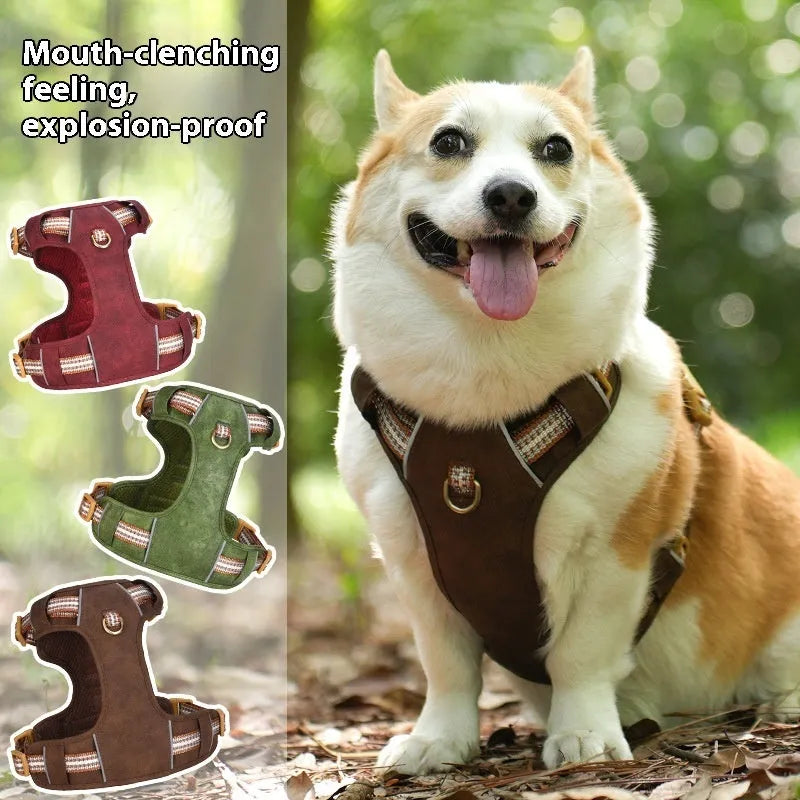 Leather pet harness with reflective elements in chest harness design