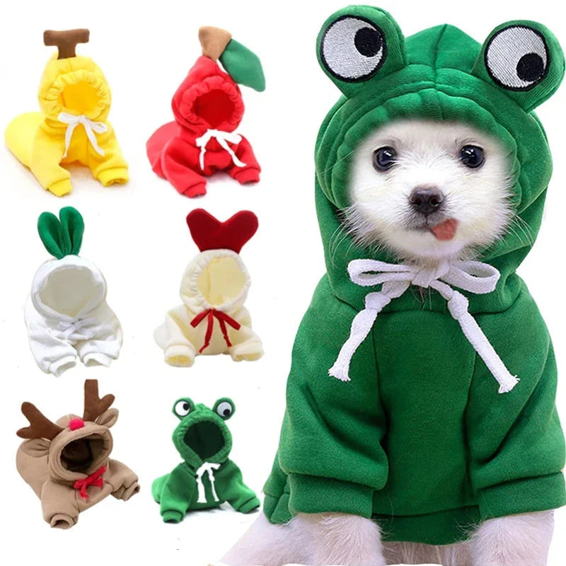 Fruit-themed fleece hoodies for small dogs in various designs and sizes
