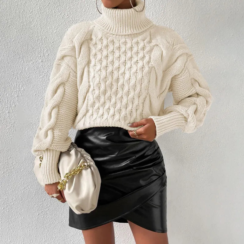 Twist thread solid colour loose sweater for women, white pullover with long sleeves, polyester fabric