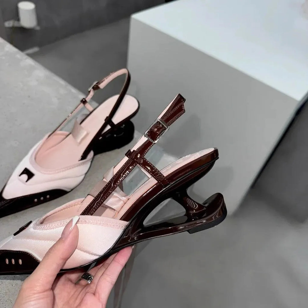 Women's black and pink special-shaped root lace-up high heels made from cowhide leather.