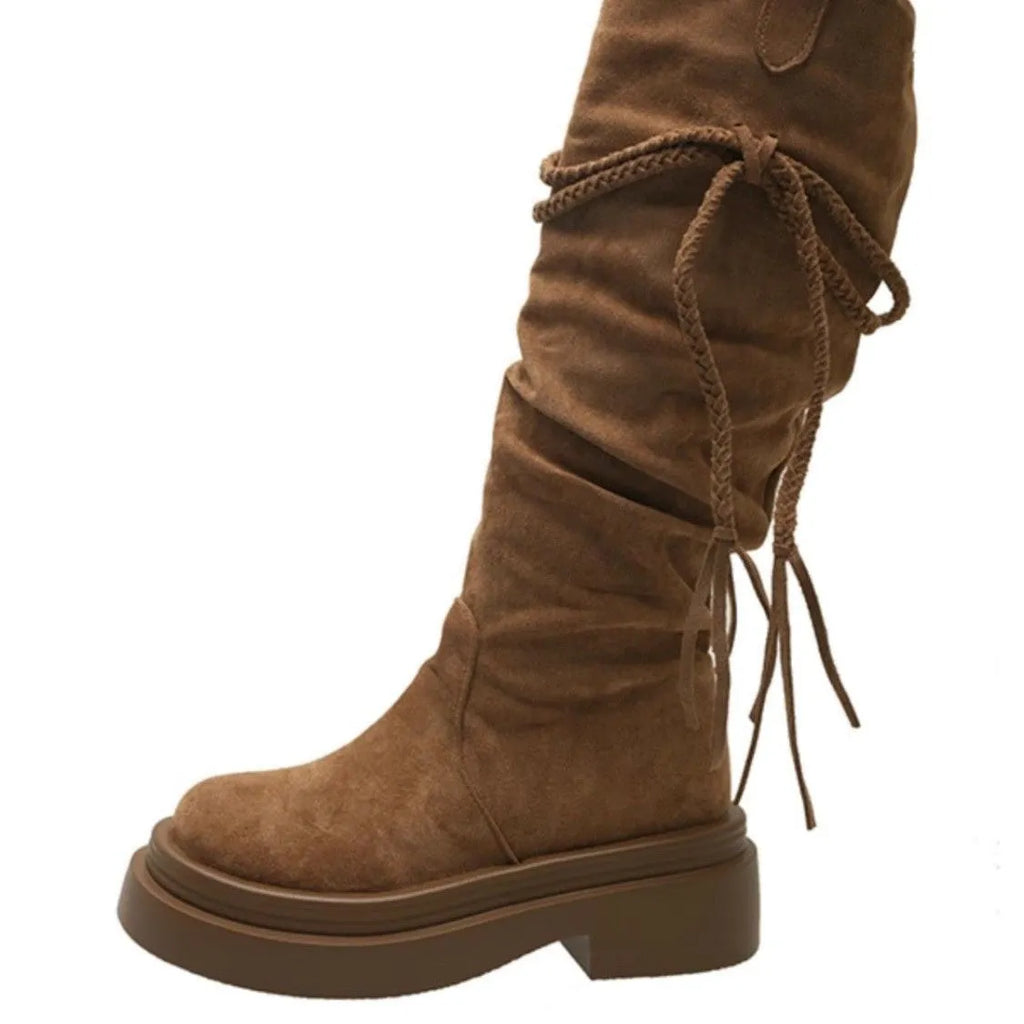 Brown retro fringe stacked boots for women with round toe and stacked heel