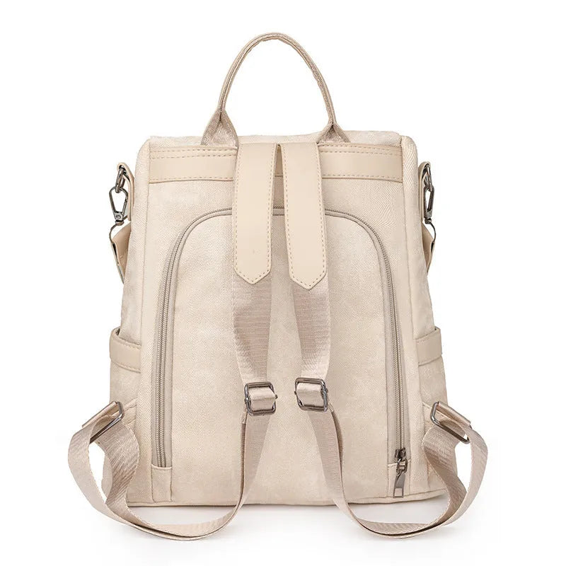 Women's PU leather national style contrast colour backpack with multiple pockets, available in beige, black, blue, dark brown, khaki, and light blue