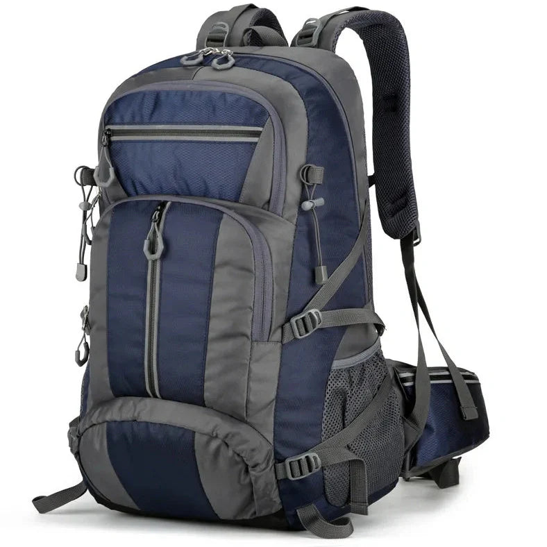 Black 50-litre fishing backpack with multiple compartments and external attachment points for fishing rods