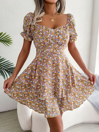 Stylish floral mini dress with ruffled hem, high waist, and short sleeves in various colors