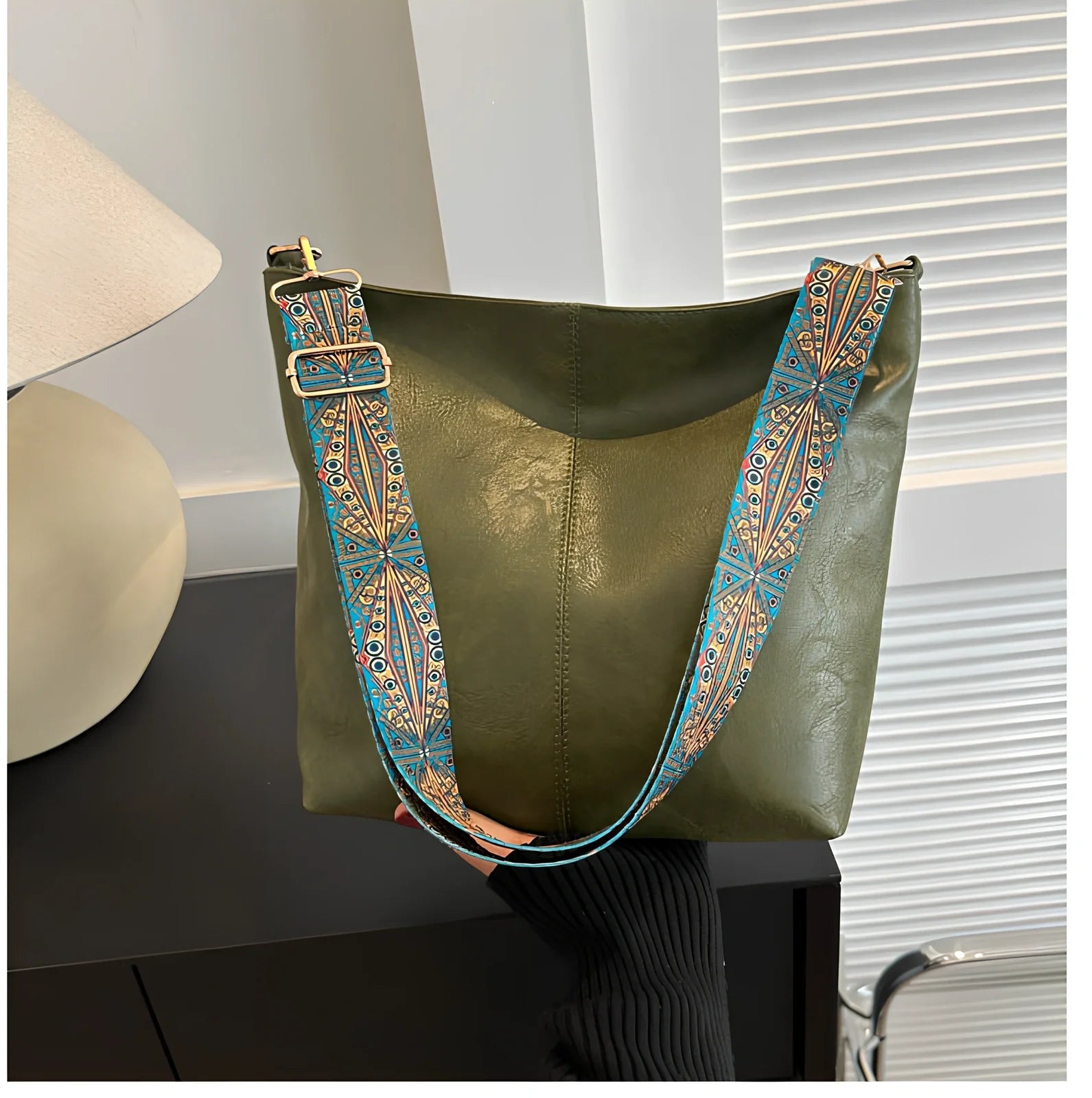Women's army green PU bucket crossbody bag with wide ethnic strap, 30cm height, large capacity for phone and laptop