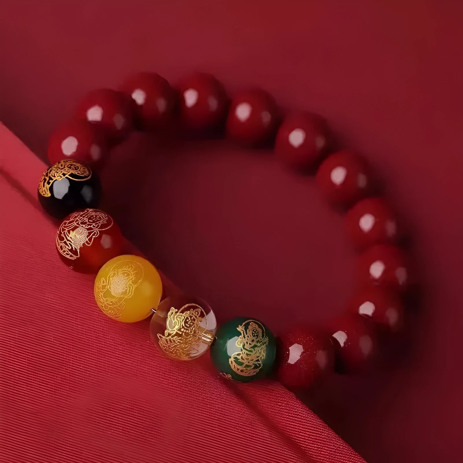 Five Gods Of Wealth cinnabar bracelet with animal beads in 8mm 10mm 12mm 14mm sizes