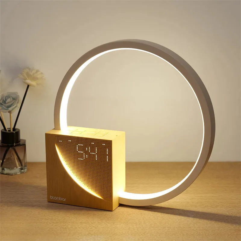 Navy blue wooden finish touch control bedside lamp with digital alarm clock display