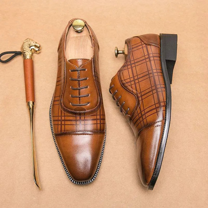 Square toe men's breathable woven PU leather business shoes in dark brown on a neutral background