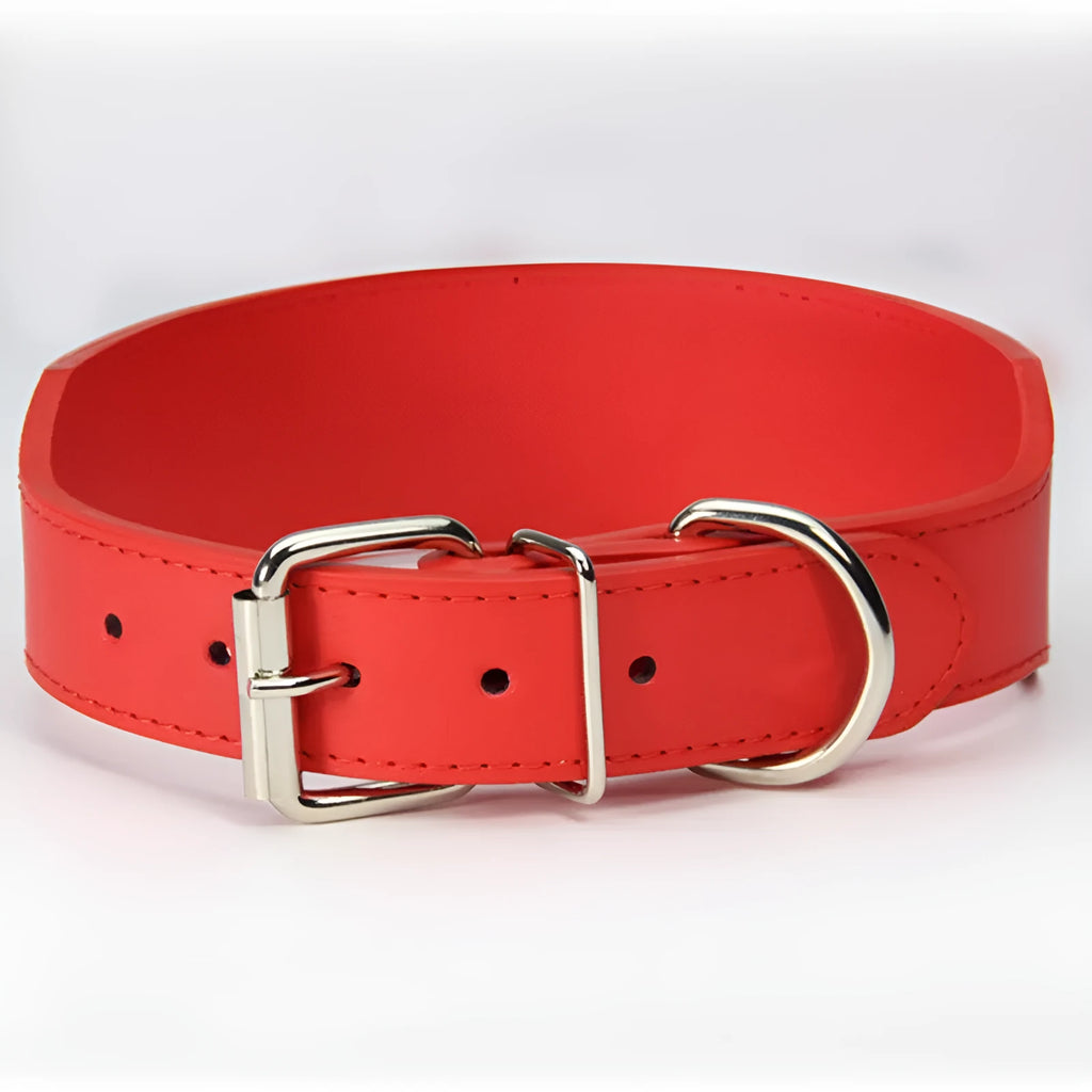 Fish-shaped leather dog collar for large dogs in red, blue, black, pink, or brown.