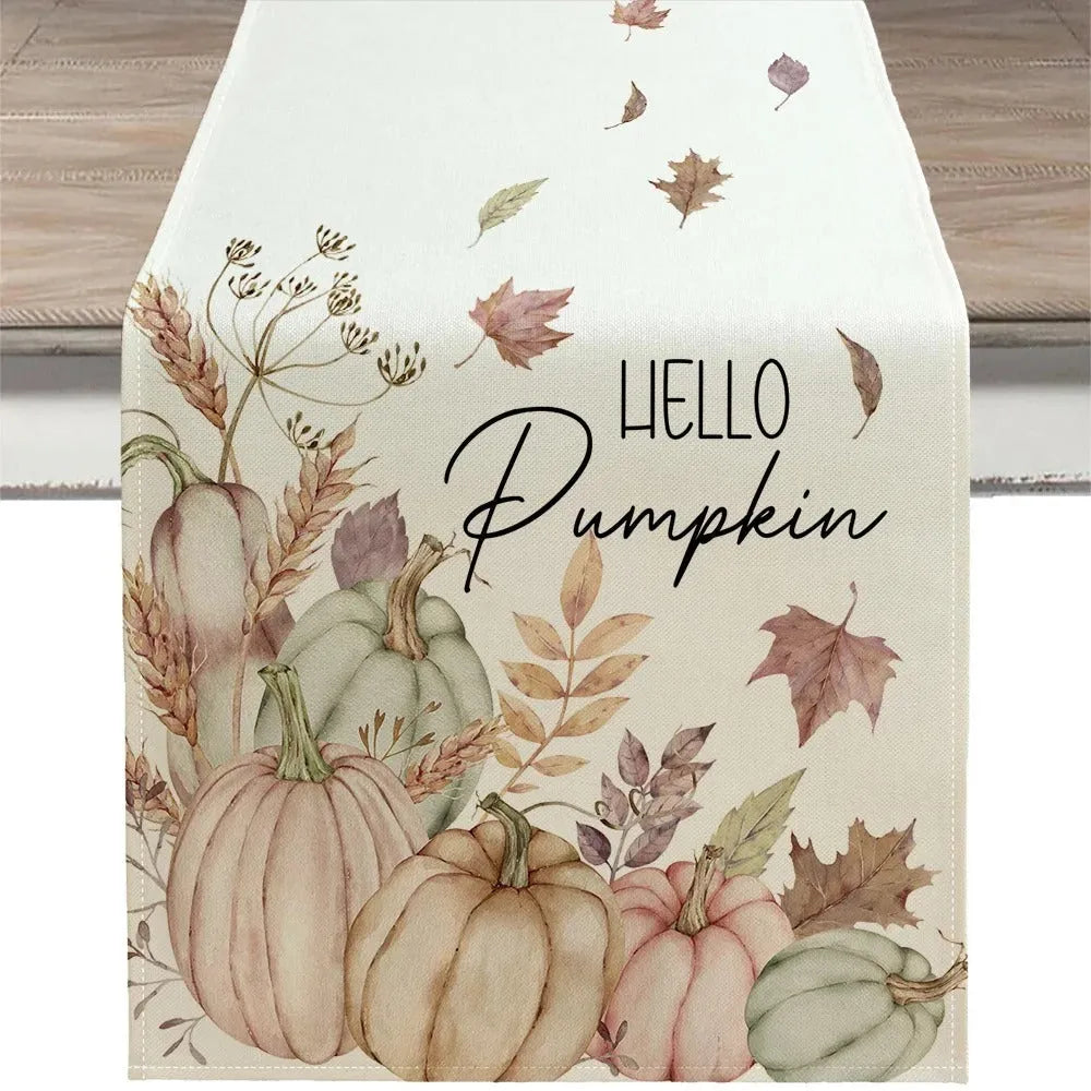 Beige polyester Thanksgiving table runner with floral pattern, size 33x183cm, on a wooden table
